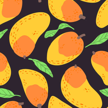 Mango fruit pattern. Vector seamless  Exotic background made in funny doodle style. Clipart food elements. Hand painted elements.のイラスト素材
