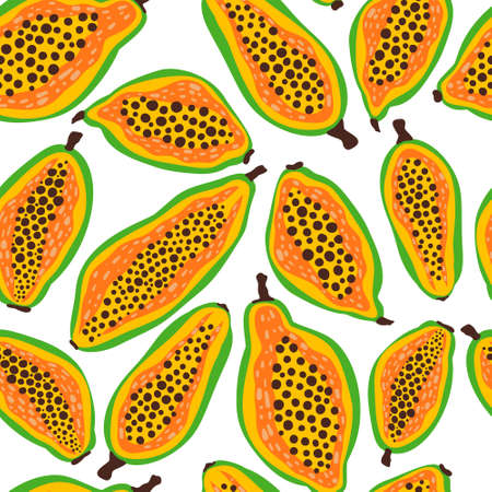 Exotic fruit pattern. Vector seamless background made in funny doodle style. Clipart food elements. Hand painted elements.のイラスト素材