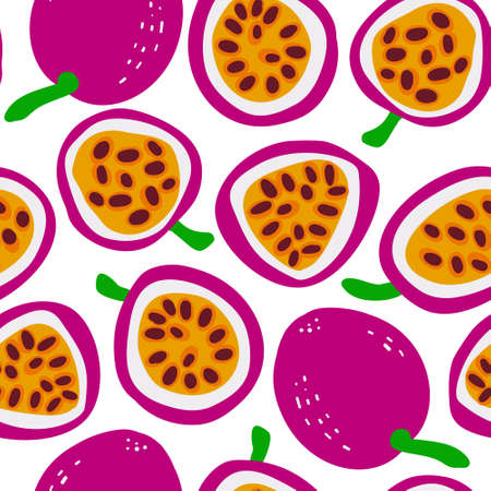 Passion fruit Exotic fruit pattern. Vector seamless background made in funny doodle style. Clipart food elements. Hand painted elements.のイラスト素材