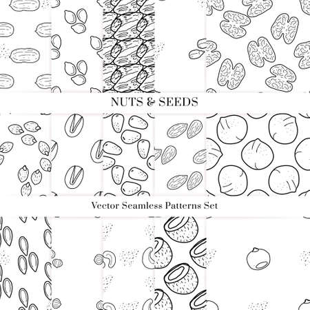 Nuts and seeds hand drawn vector seamless patterns set. Outline monochrome texture made in doodle style.Fruit background for package, merch, wallpaper, menu.のイラスト素材
