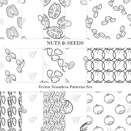 Nuts and seeds hand drawn vector seamless patterns set. Outline monochrome texture made in doodle style.Fruit background for package, merch, wallpaper, menu.のイラスト素材