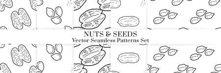 Nuts and seeds hand drawn vector seamless patterns set. Outline monochrome texture made in doodle style.Fruit background for package, merch, wallpaper, menu.のイラスト素材