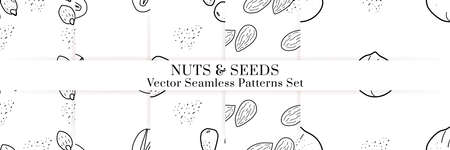 Nuts and seeds hand drawn vector seamless patterns set. Outline monochrome texture made in doodle style.Fruit background for package, merch, wallpaper, menu.のイラスト素材