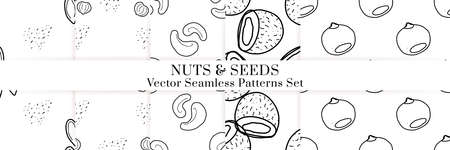 Nuts and seeds hand drawn vector seamless patterns set. Outline monochrome texture made in doodle style.Fruit background for package, merch, wallpaper, menu.のイラスト素材