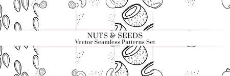 Nuts and seeds hand drawn vector seamless patterns set. Outline monochrome texture made in doodle style.Fruit background for package, merch, wallpaper, menu.のイラスト素材