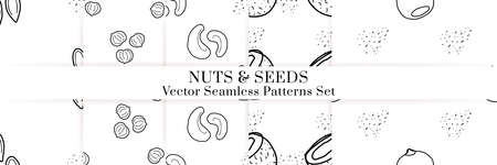 Nuts and seeds hand drawn vector seamless patterns set. Outline monochrome texture made in doodle style.Fruit background for package, merch, wallpaper, menu.のイラスト素材