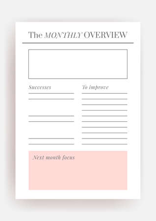 Paper size A4 Vector Planner template. Blank printable vertical notebook page. Business organizer. Calendar daily, weekly, monthly, yearly, habit tracker, project, notes, goals. Week starts on Mondayのイラスト素材