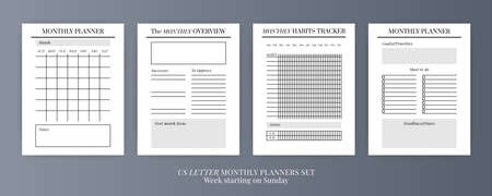 US Letter Vector Planner templates set. Blank vertical notebook page. Business organizer.Calendar daily, weekly, monthly, yearly, habit tracker, project, notes, goals. Week starts on Sundayのイラスト素材
