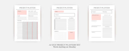 Paper size A4 Vector Planner templates set. Blank vertical notebook page. Business organizer.Calendar daily, weekly, monthly, yearly, habit tracker, project, notes, goals. Week starts on Mondayのイラスト素材