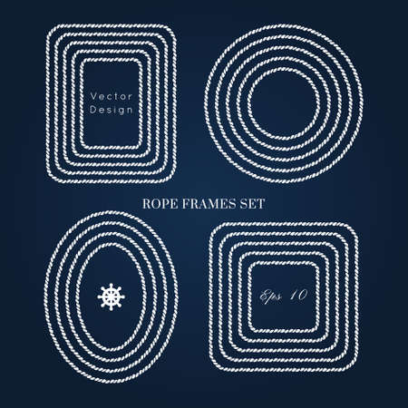 Rope knot border vector designs set. Isolated Marine frame in blue and white colors. Hand drawn ornaments in nautical style. Good for poster, t-shirt, card, menu, business identity, wedding invite.のイラスト素材