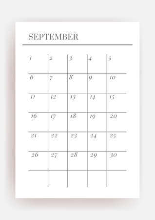 A4 size Vector Planner template. Blank printable vertical notebook page. Business organizer. September Calendar habit tracker, project, notes, goals.のイラスト素材