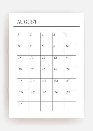 A4 size Vector Planner template. Blank printable vertical notebook page. Business organizer. August Calendar habit tracker, project, notes, goals.のイラスト素材