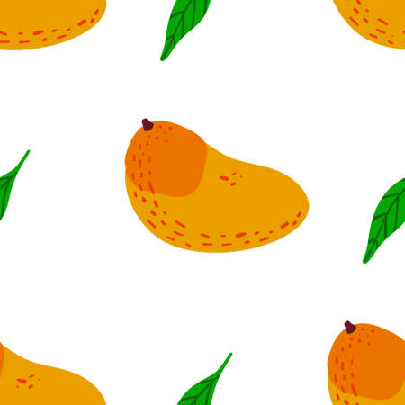 Mango fruit pattern. Vector seamless  Exotic background made in funny doodle style. Clipart food elements. Hand painted elements.のイラスト素材