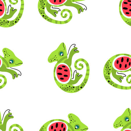Background with chameleon lizard and watermelon slice. Tropical jungle vector seamless pattern. Colorful illustration made in funny doodle cartoon style.のイラスト素材