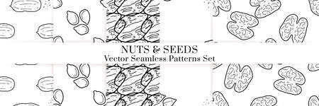 Nuts and seeds hand drawn vector seamless patterns set. Outline monochrome texture made in doodle style.Fruit background for package, merch, wallpaper, menu.のイラスト素材