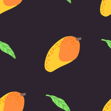 Mango fruit pattern. Vector seamless  Exotic background made in funny doodle style. Clipart food elements. Hand painted elements.のイラスト素材