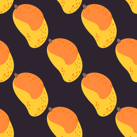 Mango fruit pattern. Vector seamless  Exotic background made in funny doodle style. Clipart food elements. Hand painted elements.のイラスト素材