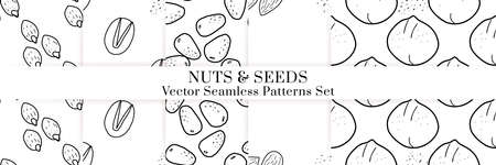 Nuts and seeds hand drawn vector seamless patterns set. Outline monochrome texture made in doodle style.Fruit background for package, merch, wallpaper, menu.のイラスト素材