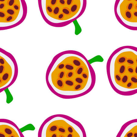 Passion fruit Exotic fruit pattern. Vector seamless background made in funny doodle style. Clipart food elements. Hand painted elements.のイラスト素材