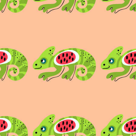 Background with chameleon lizard and watermelon slice. Tropical jungle vector seamless pattern. Colorful illustration made in funny doodle cartoon style.のイラスト素材