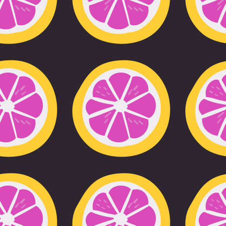 Pink Grapefruit. Exotic juicy fruit pattern. Vector seamless background made in funny doodle style. Clipart food elements. Hand painted elements.のイラスト素材