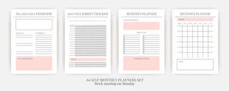 Paper size A4 Vector Planner templates set. Blank vertical notebook page. Business organizer.Calendar daily, weekly, monthly, yearly, habit tracker, project, notes, goals. Week starts on Mondayのイラスト素材
