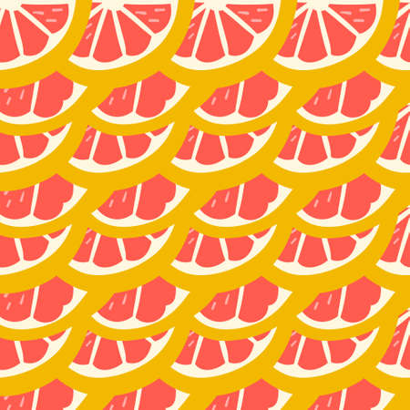 Pink Grapefruit. Exotic juicy fruit pattern. Vector seamless background made in funny doodle style. Clipart food elements. Hand painted elements.のイラスト素材