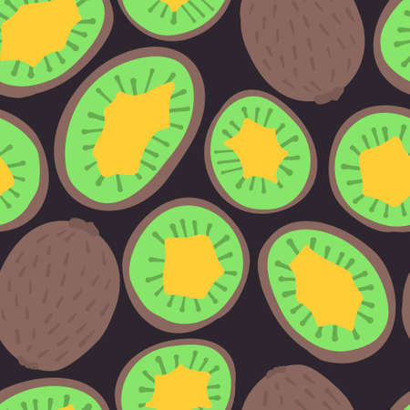Exotic Kiwi fruit pattern. Vector seamless background made in funny doodle style. Clipart food elements. Hand painted elements.のイラスト素材
