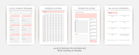 Paper size A4 Vector Planner templates set. Blank vertical notebook page. Business organizer.Calendar daily, weekly, monthly, yearly, habit tracker, project, notes, goals. Week starts on Mondayのイラスト素材