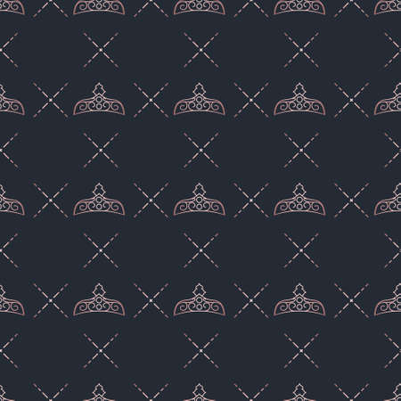 Golden crown seamless vector pattern. Geometric gold outline symbol of royalty. Vintage King and Queen logo Background.のイラスト素材