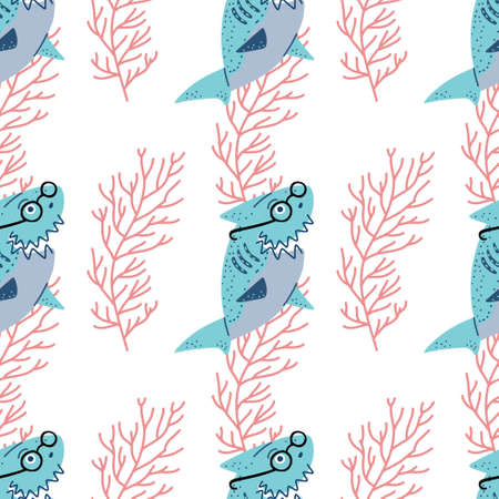 Cartoon baby shark vector clip art drawing. Seamless pattern. T-shirt print. Ocean fish character. Sweet funny animals.のイラスト素材