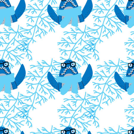 Cartoon baby shark vector clip art drawing. Seamless pattern. T-shirt print. Ocean fish character. Sweet funny animals.のイラスト素材