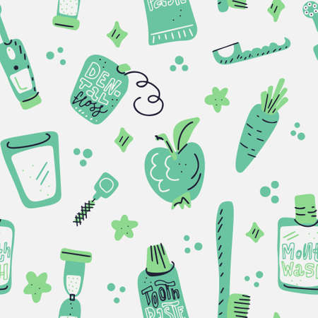 Kids oral care seamless vector pattern. Dental hygiene symbols clip art drawing.Dentist Medicine hand drawn icon. Textured illustration made in funny flat doodle style.のイラスト素材