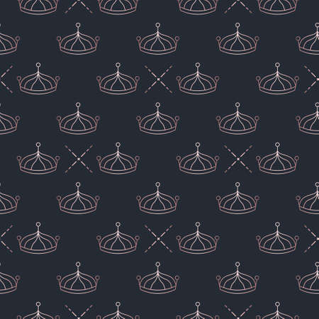 Golden crown seamless vector pattern. Geometric gold outline symbol of royalty. Vintage King and Queen Background.のイラスト素材