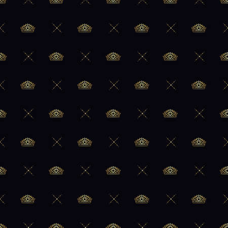 Golden crown seamless vector pattern. Geometric gold outline symbol of royalty. Vintage King and Queen Background.のイラスト素材