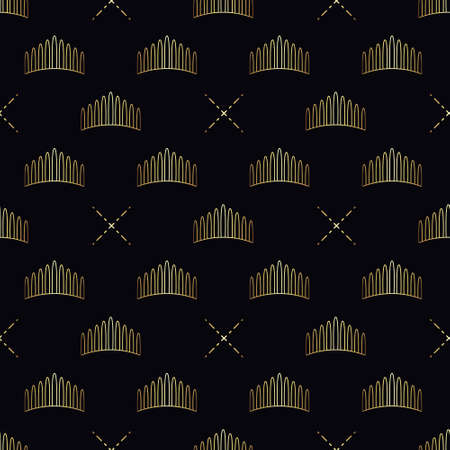 Golden crown seamless vector pattern. Geometric gold outline symbol of royalty. Vintage King and Queen Background.のイラスト素材
