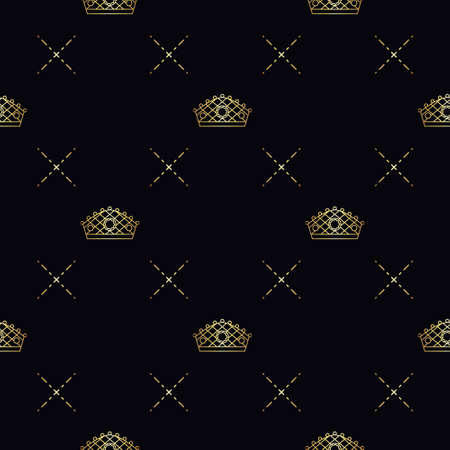 Golden crown seamless vector pattern. Geometric gold outline symbol of royalty. Vintage King and Queen Background.のイラスト素材