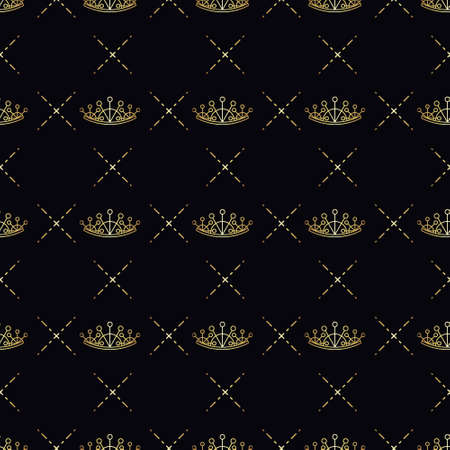 Golden crown seamless vector pattern. Geometric gold outline symbol of royalty. Vintage King and Queen Background.のイラスト素材