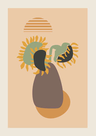 Vector Autumn vertical background with abstract elements and shapes in Boho style. Wall art composition minimalist Mid century modern.のイラスト素材