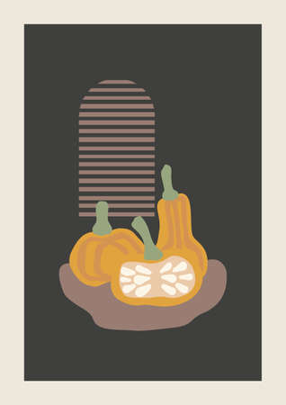 Vector Autumn vertical background with abstract elements and shapes in Boho style. Wall art composition minimalist Mid century modern.のイラスト素材