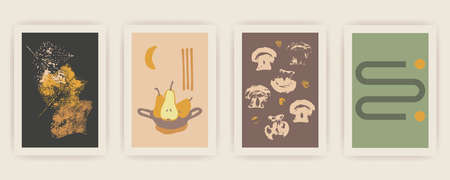 Set of Autumn vector vertical backgrounds with abstract elements and shapes in Boho style. Background for mobile app page minimalist Mid century modern Fall.のイラスト素材