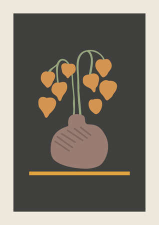 Vector Autumn vertical background with abstract elements and shapes in Boho style. Wall art composition minimalist Mid century modern.のイラスト素材