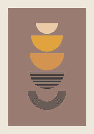 Vector Autumn vertical background with abstract elements and shapes in Boho style. Wall art composition minimalist Mid century modern.のイラスト素材