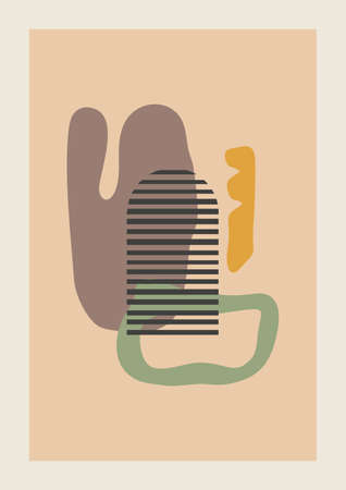 Vector Autumn vertical background with abstract elements and shapes in Boho style. Wall art composition minimalist Mid century modern.のイラスト素材