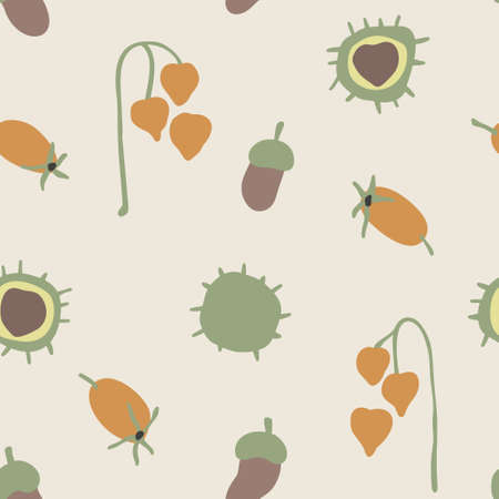 Seamless autumn chestnut, rosehip, acorn and physalis vector pattern. Perfect for wallpaper, gift paper, pattern fills, web page background, fall greeting cards.のイラスト素材