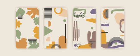 Set of Autumn vector vertical backgrounds with abstract elements and shapes in Boho style. Background for mobile app page minimalist Mid century modern Fall.のイラスト素材