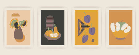 Set of Autumn vector vertical backgrounds with abstract elements and shapes in Boho style. Background for mobile app page minimalist Mid century modern Fall.のイラスト素材