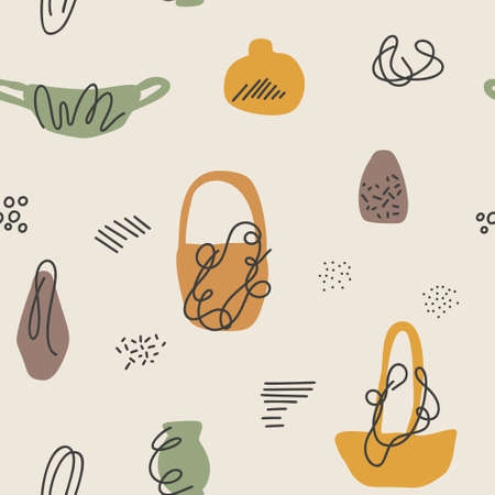 Seamless autumn vase, bowl and basket vector pattern. Perfect for wallpaper, gift paper, pattern fills, web page background, fall greeting cards.のイラスト素材