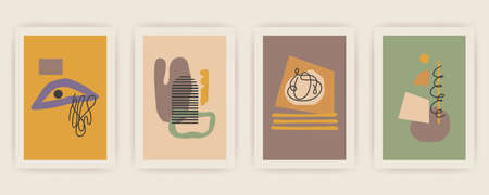 Set of Autumn vector vertical backgrounds with abstract elements and shapes in Boho style. Background for mobile app page minimalist Mid century modern Fall.のイラスト素材