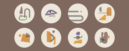 Set of Autumn vector highlight covers. Abstract Fall boho backgrounds. Mid century modern style compositions.のイラスト素材